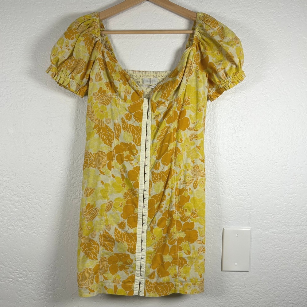 Urban Outfitters Mini Dress‎ Yellow Floral Puff Sleeve Hook Eye Front Size S